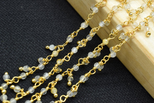 Golden Rutile 2mm Wire Wrapped Chain,Gemstone Chain,Gold Rutile Dangling Necklace Chain,Cluster Rosary Chain,Handmade Station Link Jewelry