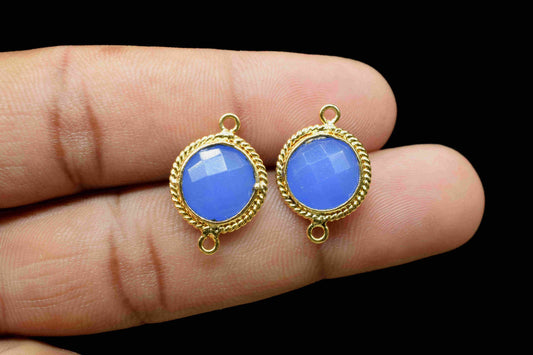 Blue Chalcedony 10mm Round Shape Double Bail Connector,Blue Chalcedony Gold Plating Gemstone Bezels Connector,Chalcedony Double Loop Charms