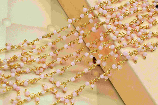 Natural Rose Quartz 2mm Round Cluster Bead Chain,Exceptional Pink Quartz Cluster Rosary,Gold Plated Wire Rosary Bead,Jewelry Making Supplies