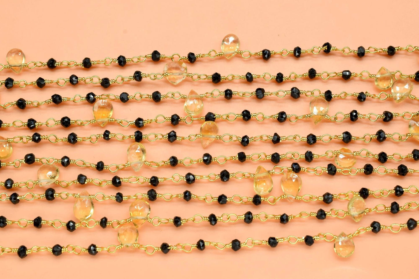 Black onyx Rosary Chain,Faceted Beaded Chain,Wire Wrapped gold Plated Chain,citrine briolette rosary,multi gemstone,handmade,jewelry making