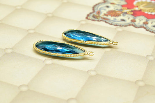 Blue Topaz Gemstone 10x30mm Teardrop Charm,blue Topaz Teardrop Shape Pendant Jewelry Making,Topaz Quartz Gold Plated Single Bail Connector