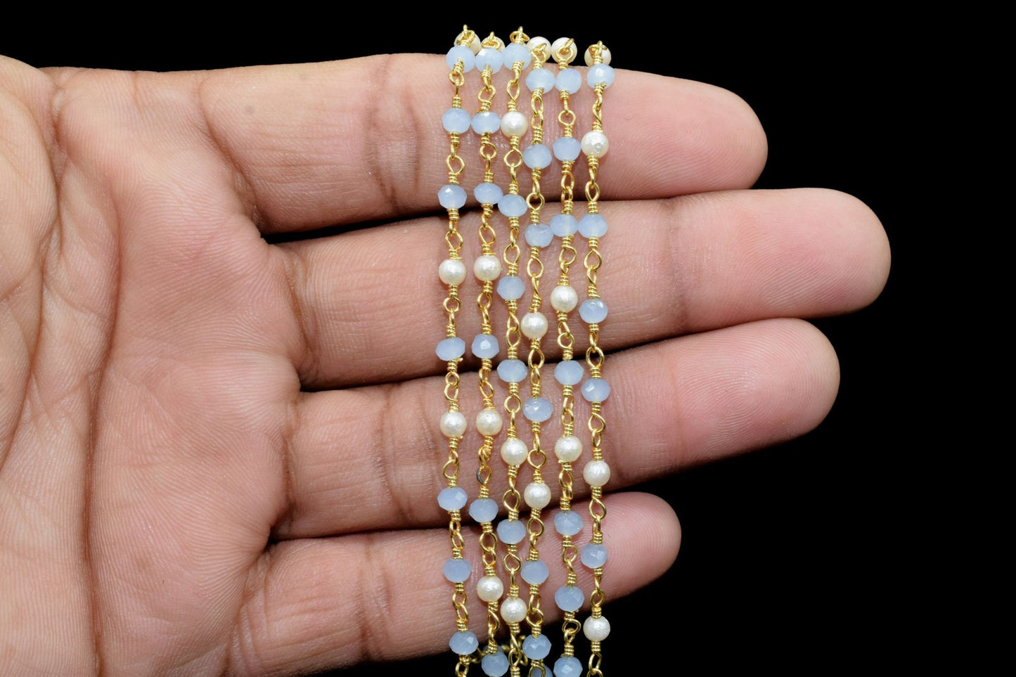 Aqua Chalcedony Rondelle Faceted Rosary Chain,Beaded Chain Roll,Blue Chalcedony Rosary,Gold Plated rosary chain,Jewelry Making Finding Chain