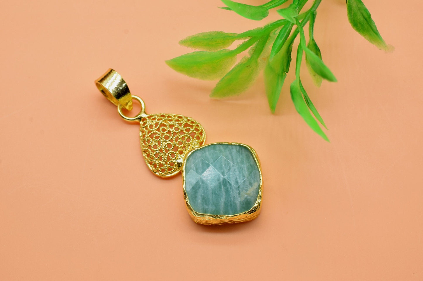 Amazonite Gold Plated Turkish Finished Pendant,Amazonite Necklace,Big Amazonite Pendants,Mint Green Gold Necklaces,Gift for Women & Girls