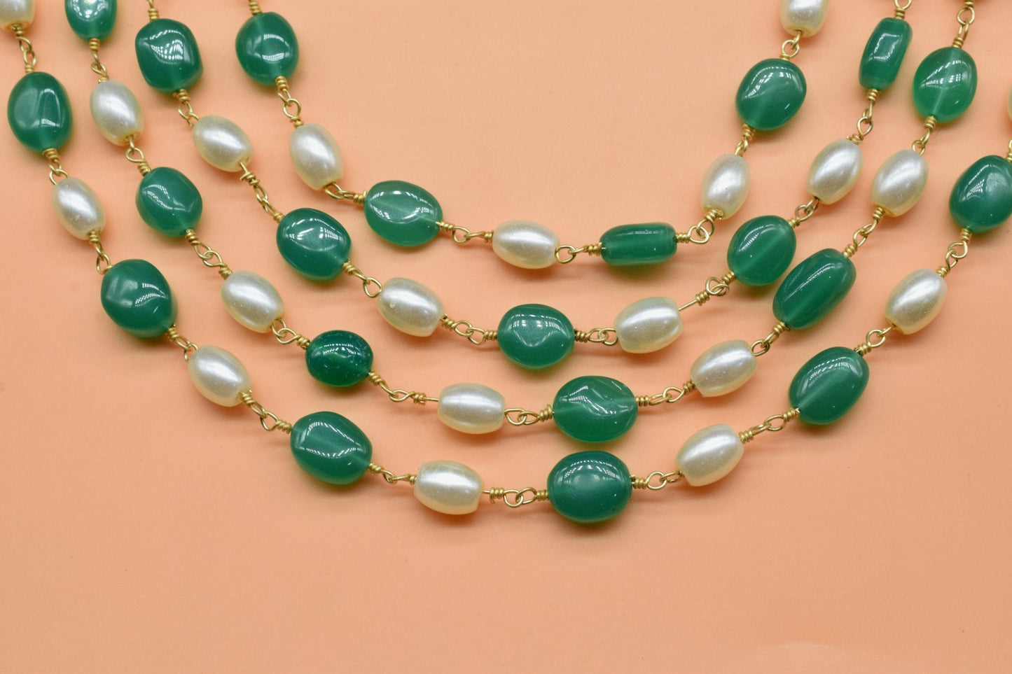 Bulk Chain, Pearl, Green Onyx Hydro Beads Rosary Chain, Gold Plating Wrapped Rosary Chain, Oval Gemstone rosary Chain, Pearl Beads Chain,