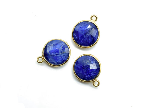 Genuine Blue Sapphire 12mm charm,Sapphire Pendant,Sapphire Round Gold Plated bezel,Vermeil Bezeljewelry making charmSapphire Brass connector