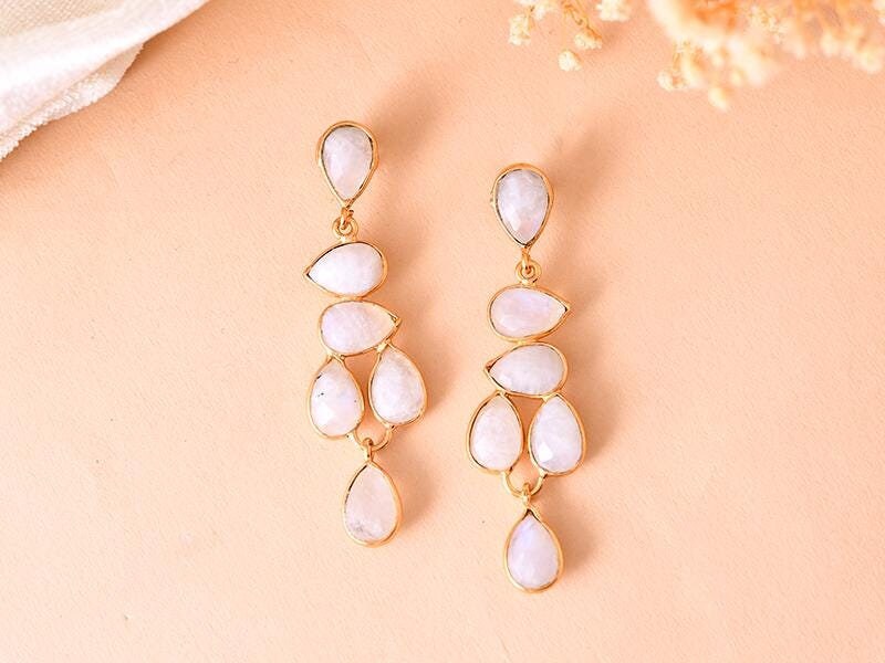 Natural Moonstone Earring/Gold Plated Earring/Moonstone Dangle Earring/Moonstone Bridal Earring/Handmade Jewelry/Bridesmaid Gifts,B'Gifts