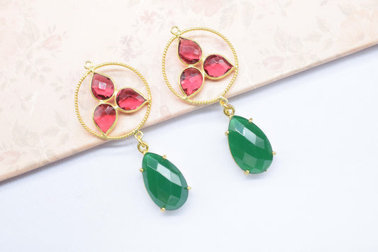 Pink tourmaline Bezel Charms Connector/Green Onyx Prong Jewelry/Earring Connector/Station Bezel Link Pendant/Handmade Jewelry/B'day Gift