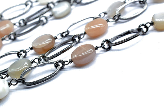 Multi Moonstone Faceted Brass Wire Wrap Chain, Bezel link chain,Moonstone Connector Chain, Moonstone charms,Gemstone link Connector Rosary