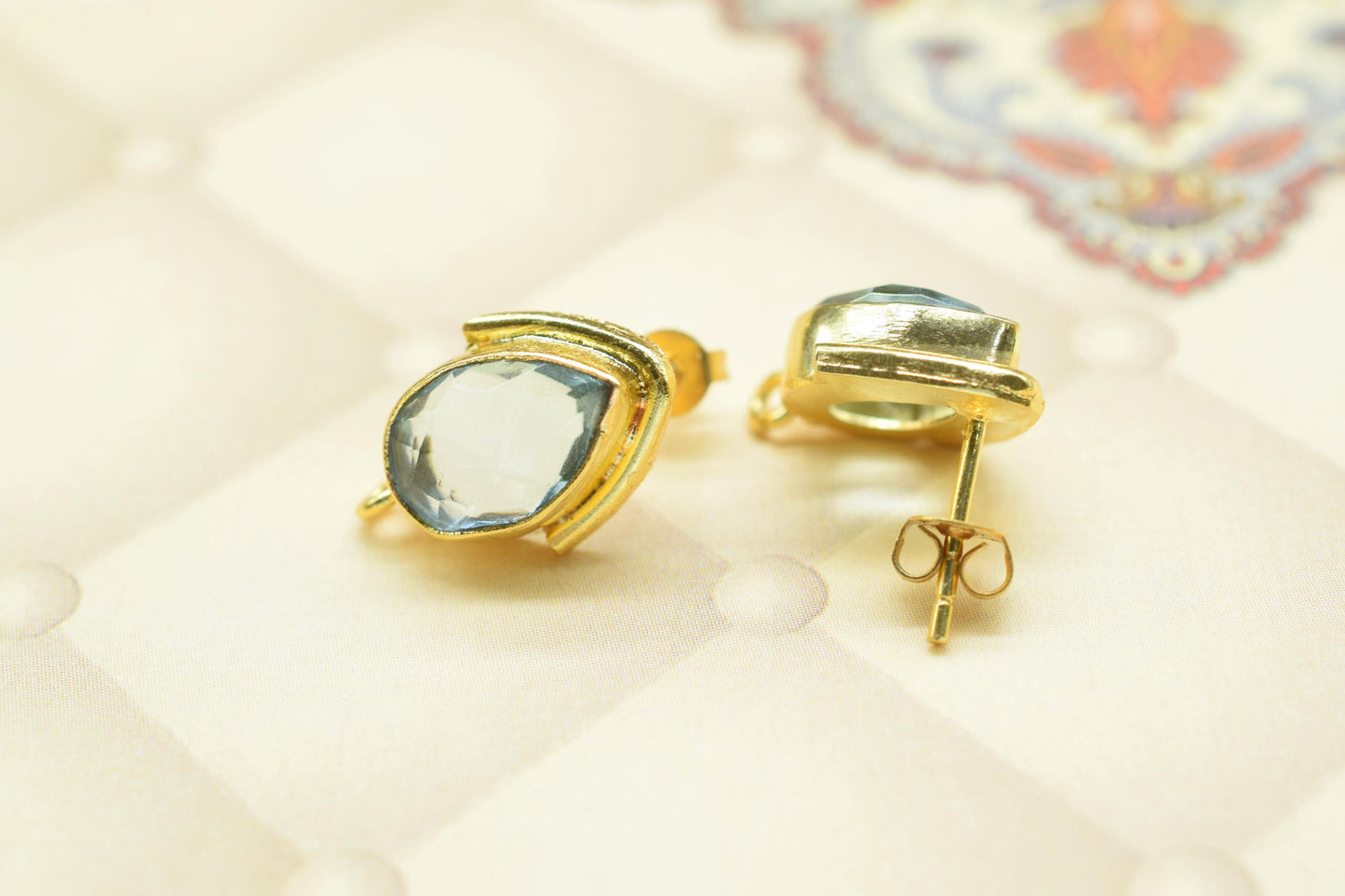 Sky Topaz Studs Connector/Gold Plated Earring/Handmade Studs/Bezel Set Studs/Teardrop Earring/Women Jewelry/Connector Studs/B'day Gift