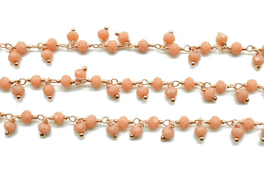 Peach Moonstone Cluster Beaded Chain, Gold Plated wire wrapped Rosary Chain,Dangling Faceted Wire Wrapped Beaded Chain,Soldby Foot Wholesale