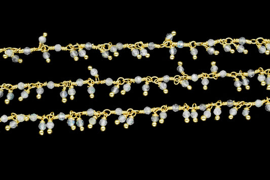 Labradorite 2mm Cluster Beaded Chain,Labradorite Rosary Chains,Gold Plating Wire Wrap Chain,Brass Chain,Rosary Chain,Jewelry Making Chains