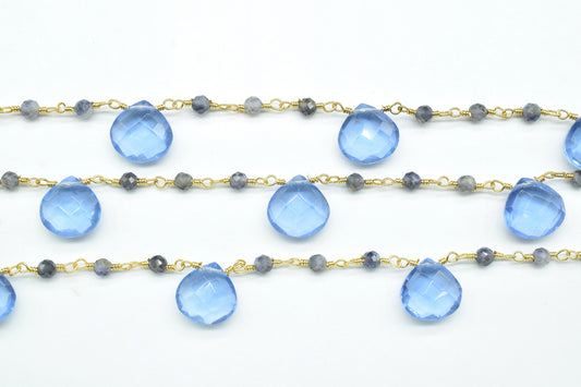 Iolite 3mm Beaded Chain,Gemstone Rosary Chain,3mm,Faceted Beads,Briolette Drilled Teardrop Shape Chain,Beaded Chain Jewelry,Blue Iolite Bead