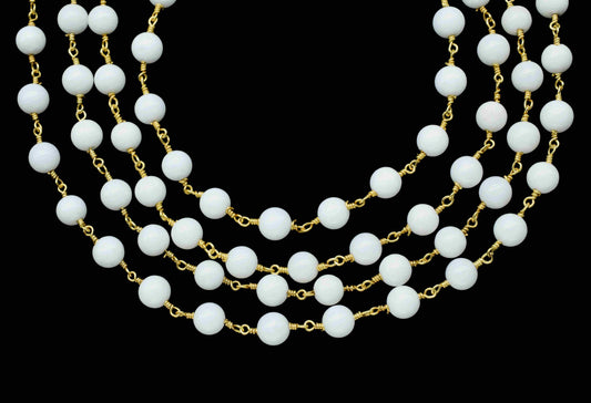 White jade Beaded Rosary Chain Jewelry,White jade Wire Wrapped Gold Plating Beads Chain,White jade Smooth Gemstone 6mm Smooth Bead Chain