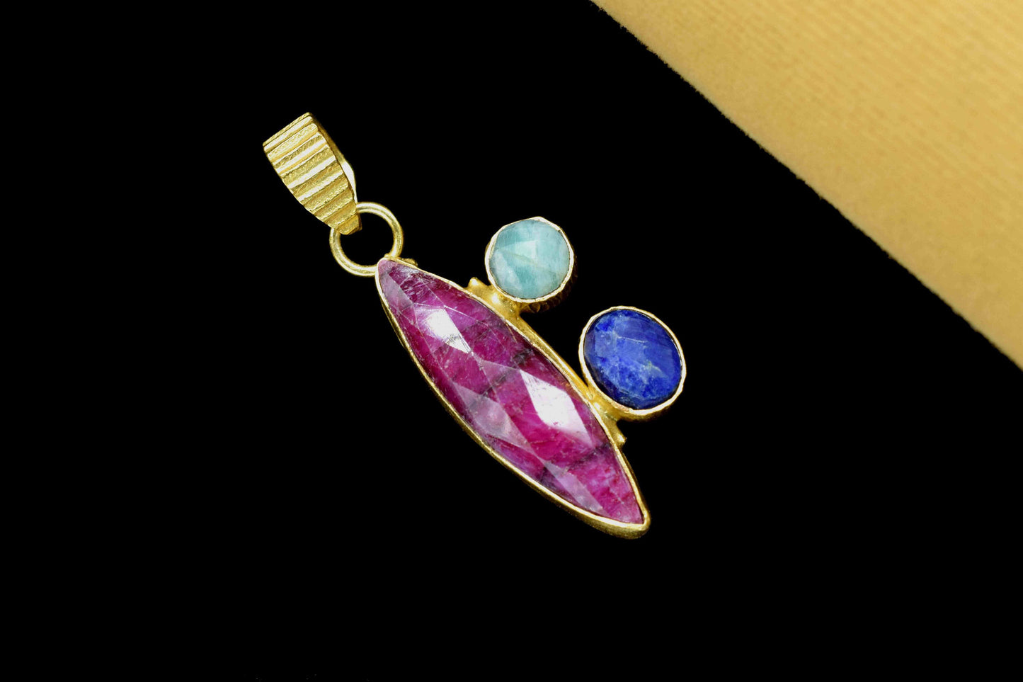 Natural Multi Gemstone Pendant, Ruby Pendant, Blue Sapphire Gemstone Jewelry, Amazonite Gemstone, Gemstone Set Pendant, Multi Stone Pendant
