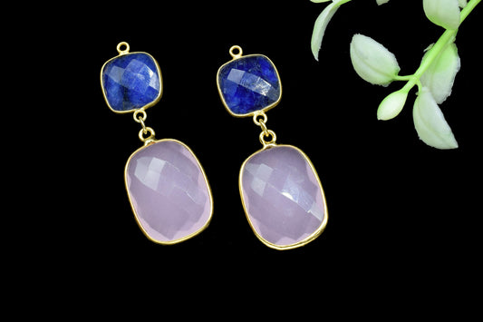 Blue Sapphire Component pendant,Multi Stone Dangle Earring,Square Shape Pendant Jewellry,Rose Quartz Dangle pendant Charm,Gemstone Connector