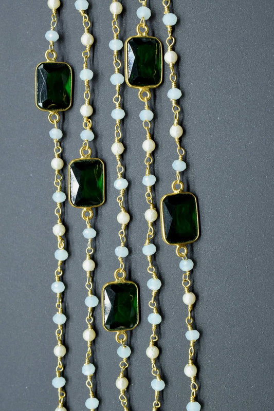 3mm Aqua chalcedony Rosary,Emerald Bezel Link Chain,Pearl Beaded Rosary,Dual Gemstone Rosary Chain,Gold Plated Bezel Chain,Beaded Chain