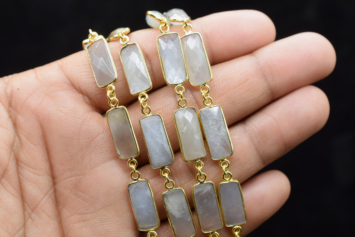 Grey Moonstone Bezel Connector Chain/Bracelet Chain/Handmade Bezel Chain/Grey Moonstone Baguette chain/Gemstone Bezel Chain/Link Chain