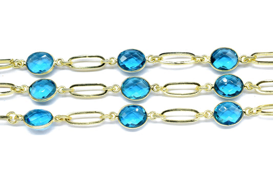 London Blue Topaz linked Chain,Blue topaz Bezel Chain,Linked Connector Chain, Gold plated Gemstone Link Connector Chain,Craft Jewelry