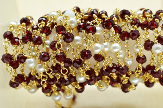 Garnet Hydro Faceted Rondelle Beaded Rosary Chain,Jewelery Making Craft,Finding Chain,Pearl Wire Wrap Rosary Chain,Gold Plated Rosary Chain