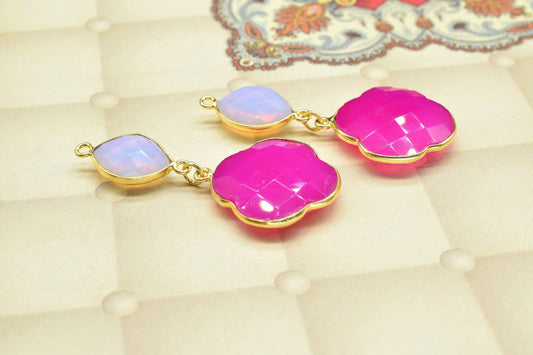 Pink Chalcedony Dangle Component pendant,Multi Stone Dangle Earring,Clover Shape Pendant,Pink Opal pendant Charm,Gemstone Bezel Connector