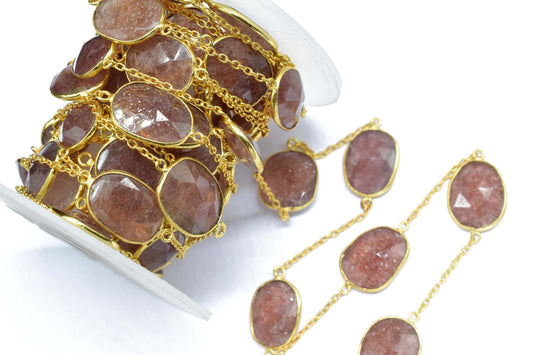 Pink Strawberry Faceted Bezel Connector, Pink Strawberry Bezel Chain, Free Size Gemstone Connector Jewelry, Strawberry Bezels Jewelry Making