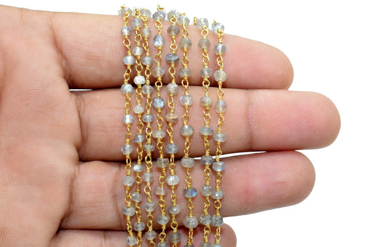 Labradorite 3mm Beaded Chain,Labradorite Rosary Chain,Gold Plating Wire Wrap Chain,Labradorite Brass chain,Labradorite vermeil beaded chain