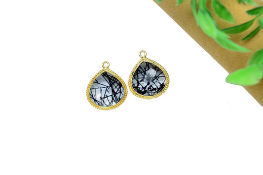 Black Rutile Gemstone 14mm Heat shape charm,Rutile Charms jewels,Rutile Single Bail pendant,Rutile Gold Plated bezel jewelry making charms