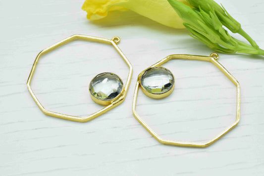 Crystal Quartz Component 32mm Hexagon Shape Pendant Jewelry,Crystal 10mm Round Shape Pendants,Finding Gold Plated Connector,Pendant Jewelry