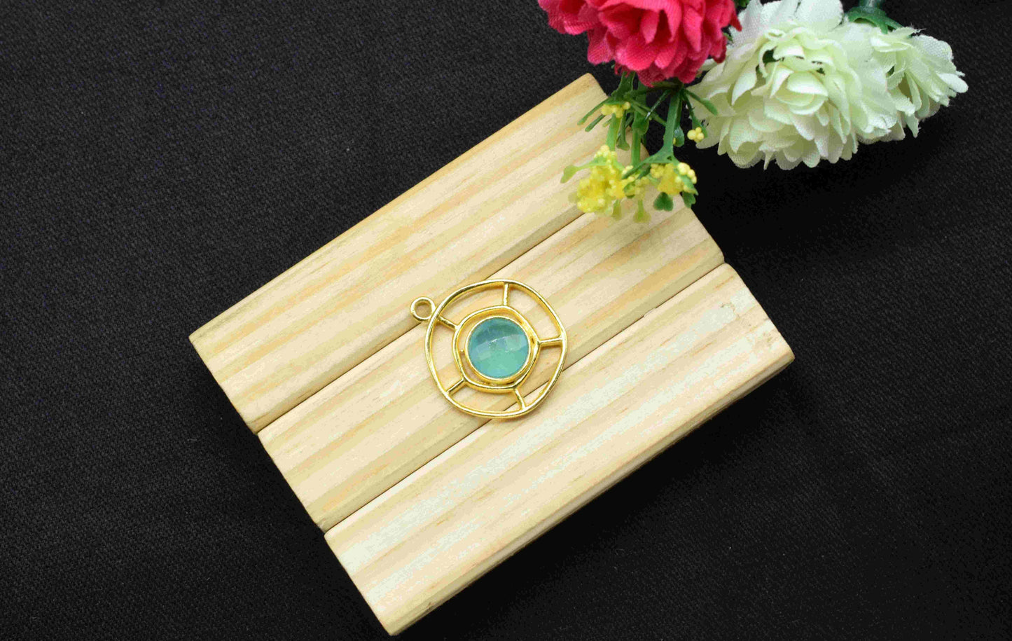 Aqua Chalcedony Gemstone Component , Single Bail Charm , Aqua Chalcedony Connector Pendant , Gold Plated Connectors , Earring Component