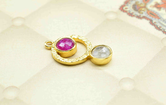 Ruby Pendant , Moonstone Pendant Multi Gemstone Handmade Pendant , Gold Plated Connectors ,Single Bail Gemstone Connector Charm