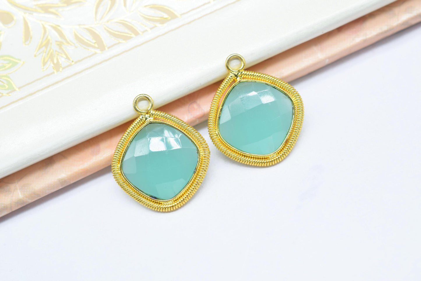 Aqua Chalcedony 14mm Bezel Charms,Gemstone Cushion Bezel,Boho Pendant Charms,Single Loop Connector,Handmade Charm,Component Pendant Jewelry