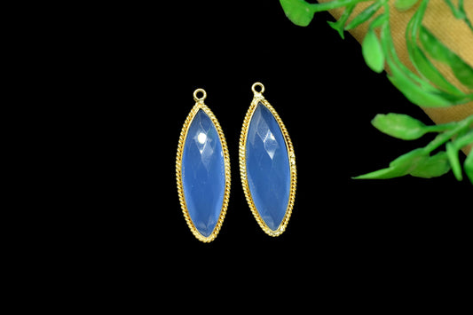 Blue Chalcedony Faceted 10x30mm Marquise Shape Connector,Blue chalcedony Single bail component,Blue Chalcedony Gold Plated Bezel Connector
