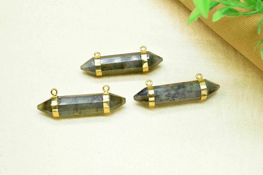 Labradorite 10x40mm Point Pendant,Double Bail Pendant with Electroplated Gold Band,Labradorite Bullet Pendant,Gemstone Double Bail Necklace