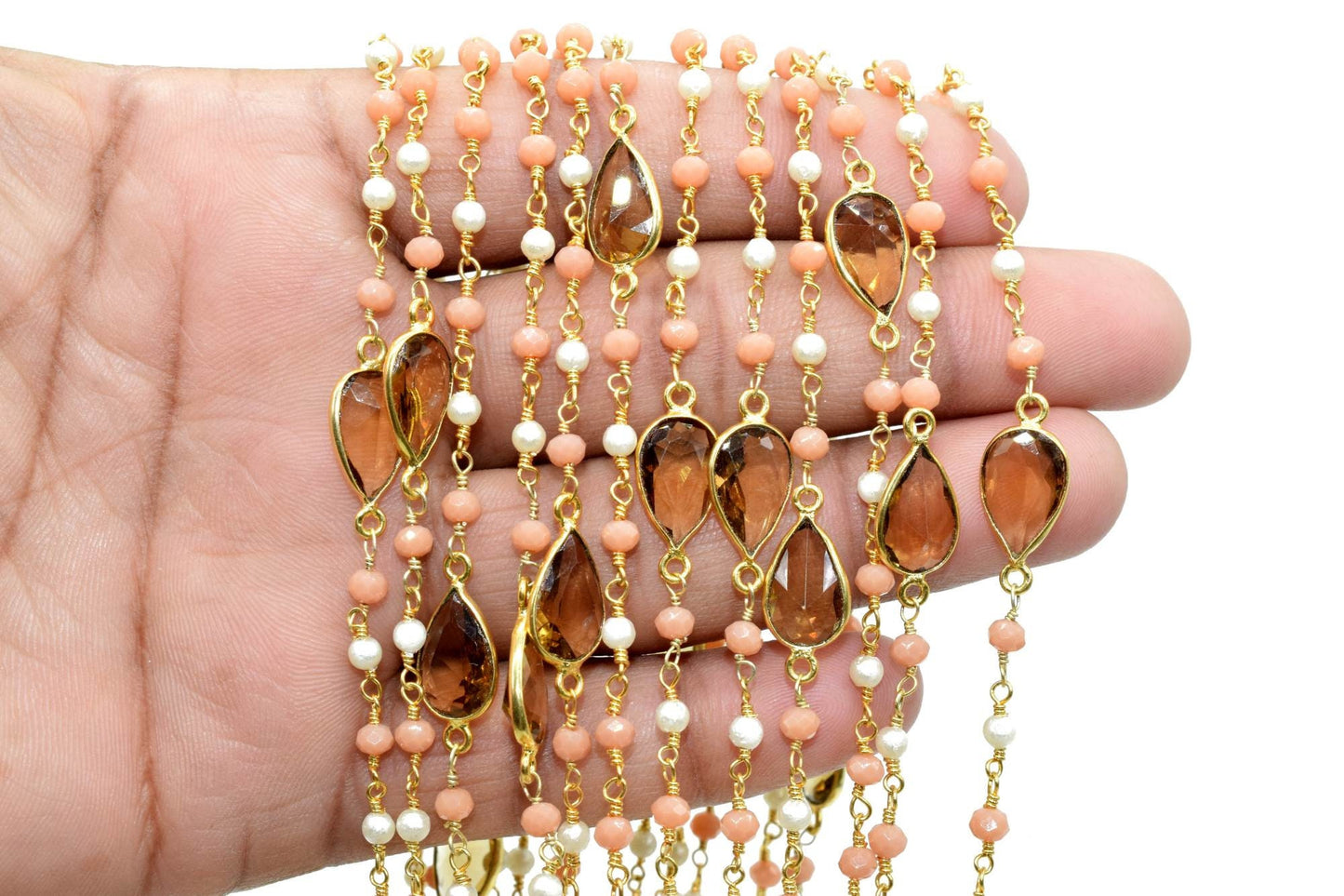 Bear Quartz Connector Chain,Multi Stone Rosary,Pearl Rosary Chain,Bezel Chain,Peach Moonstone Rosary,Wire Wrapped Rosary Chain,Bezel Links