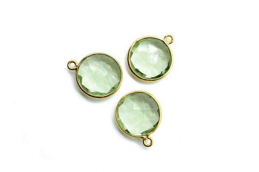 Green Amethyst 14mm Round charm,Brass Gold Plated bezel,Green Amethyst single Bail Pendant,February Birthstone Coin Links,Jewelry Findings