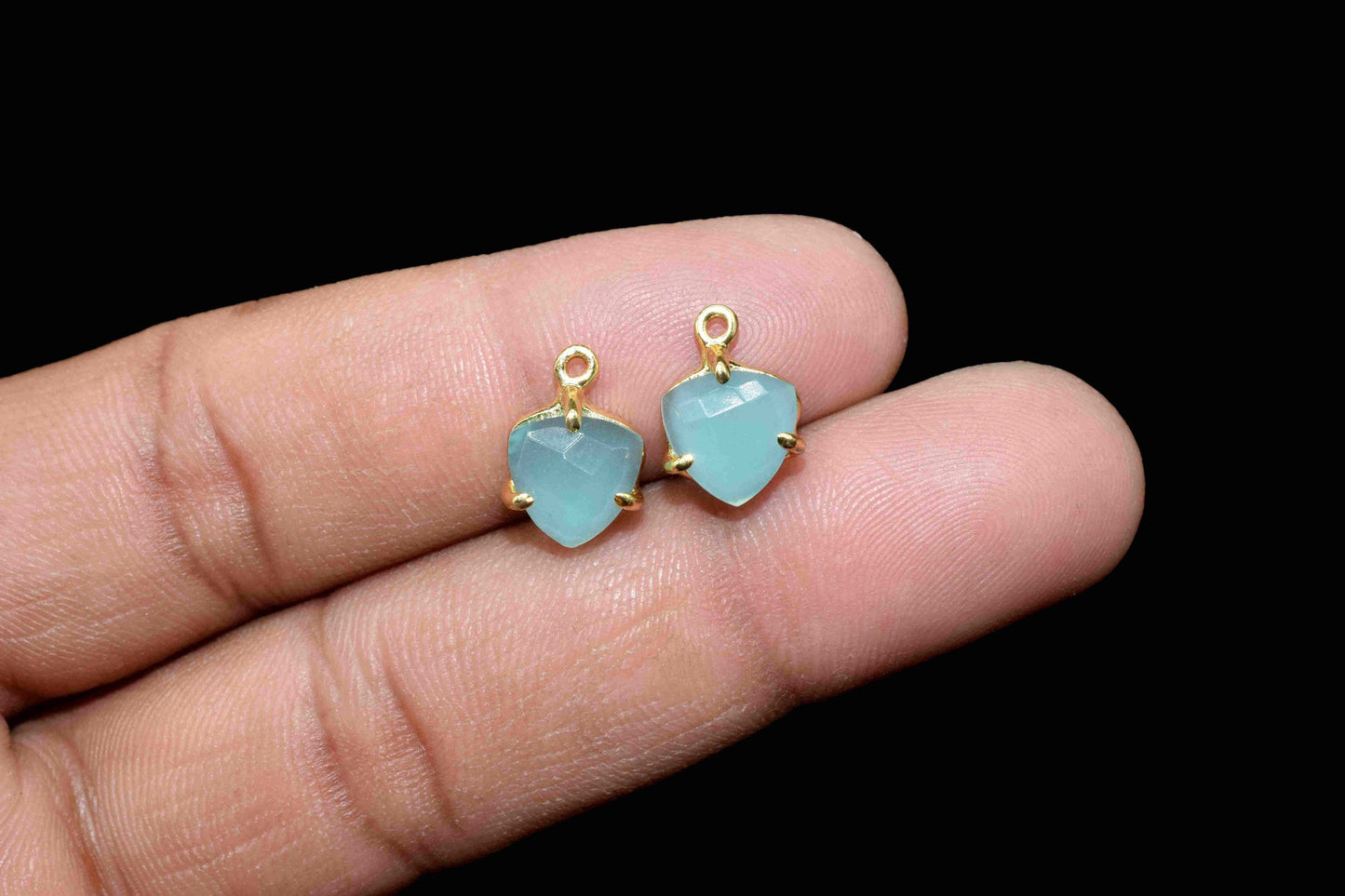 Aqua Chalcedony 8mm Triangle Shape Single bail connector,Aqua Quartz Handmade Gemstone Bezel,Green jewelry making,Prong Set Bezel Pendant