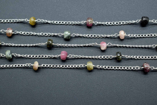 Multi Tourmaline Beads Rosary,Silver Plated,Wire Wrapped link Stone Rosary Chain,Round Faceted Bead,Craft Supply Rosary,Handmade Beads Chain