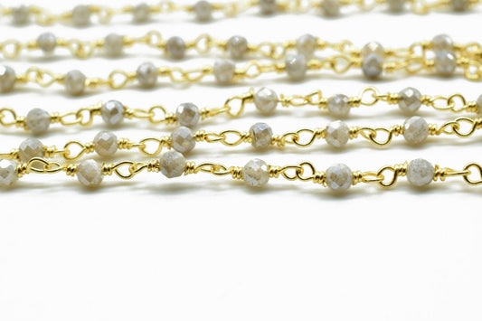 Mystic Labradorite coated 3mm Beaded Chain,Beaded Rosary Chain,Wrapped Brass Wire,Bracelet,Handmade Jewelry, Finding Necklace Chain In Brass