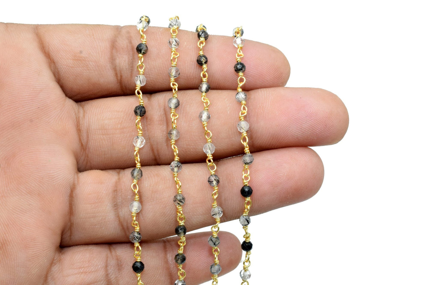 Black rutile 3mm Beaded Chain,Black Rutile Gemstone Rosary Chains, Tourmalated Quartz 3mm Faceted Beads,Rutile Wire Wrapped Rosary Chains