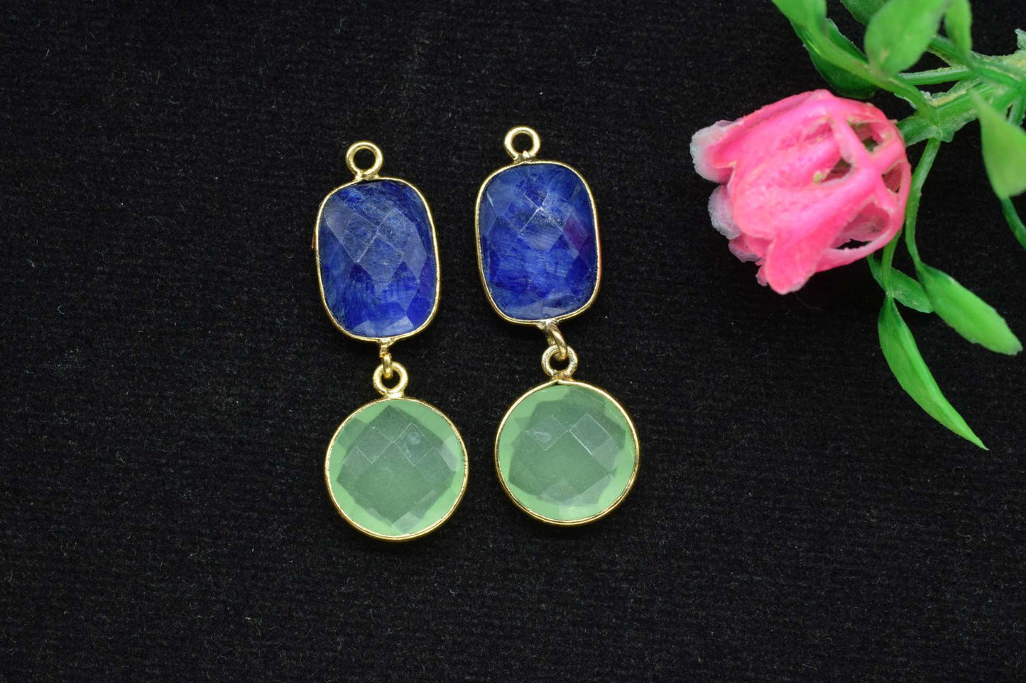 Blue Sapphire & Prehnite Connector,Handmade Pendant,Multi Stone Pendant Charms Necklace,Station Bezel Link,Gemstone Earring Connector,Gift