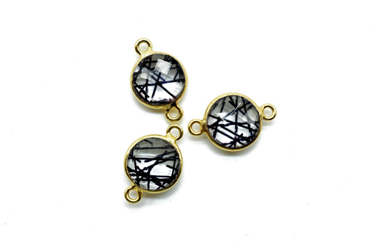 Black Rutile 10mm Round Double loop connectors,Brass Gold Plated bezel,Black Rutile Pendant,Black Rutile double bail Round connectors,Rutile