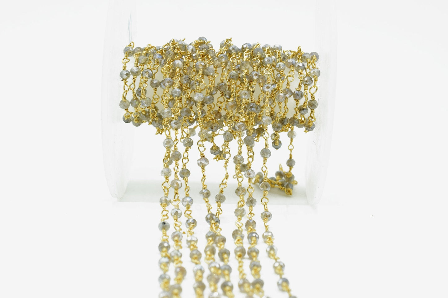 Coated Labradorite 3mm Beaded Chain,Blue Fire Labradorite Rosary Chains,Gold Plating Wire Wrap Chain,Brass chain,Jewelry Making Chain,Rosary