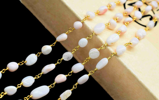 Pink Opal Smooth Beads Rosary Chain,Pink Opal Smooth Beads Chain,Pink Opal Gold Plated Beaded Chain,Pink Opal Oval shape Beaded Chain,Gift