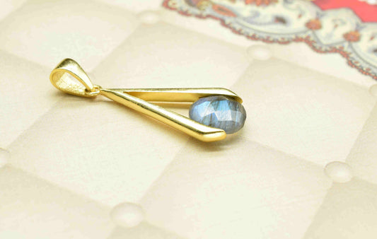 Labradorite , Single Bail Charm ,Labradorite Connector Pendant , Gold Plated Connectors , Single Bail Checker Cut Gemstone Connector