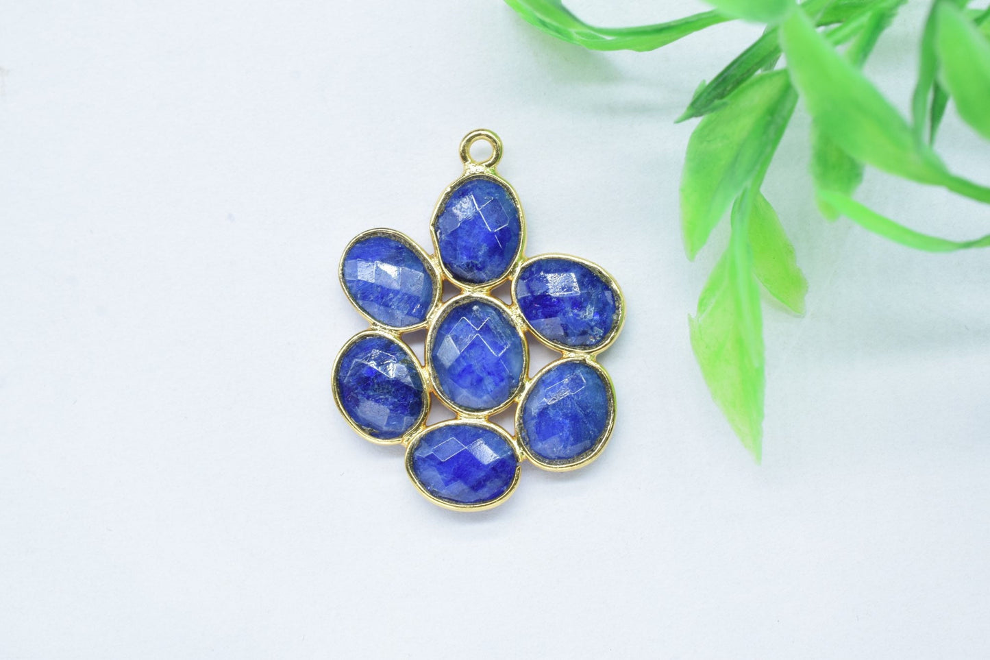 Blue Sapphire Flower Pendant,Gemstone single bail connectors,Sapphire jewelry making Craft,Handmade Jewelry,Chandelier Earring Connector