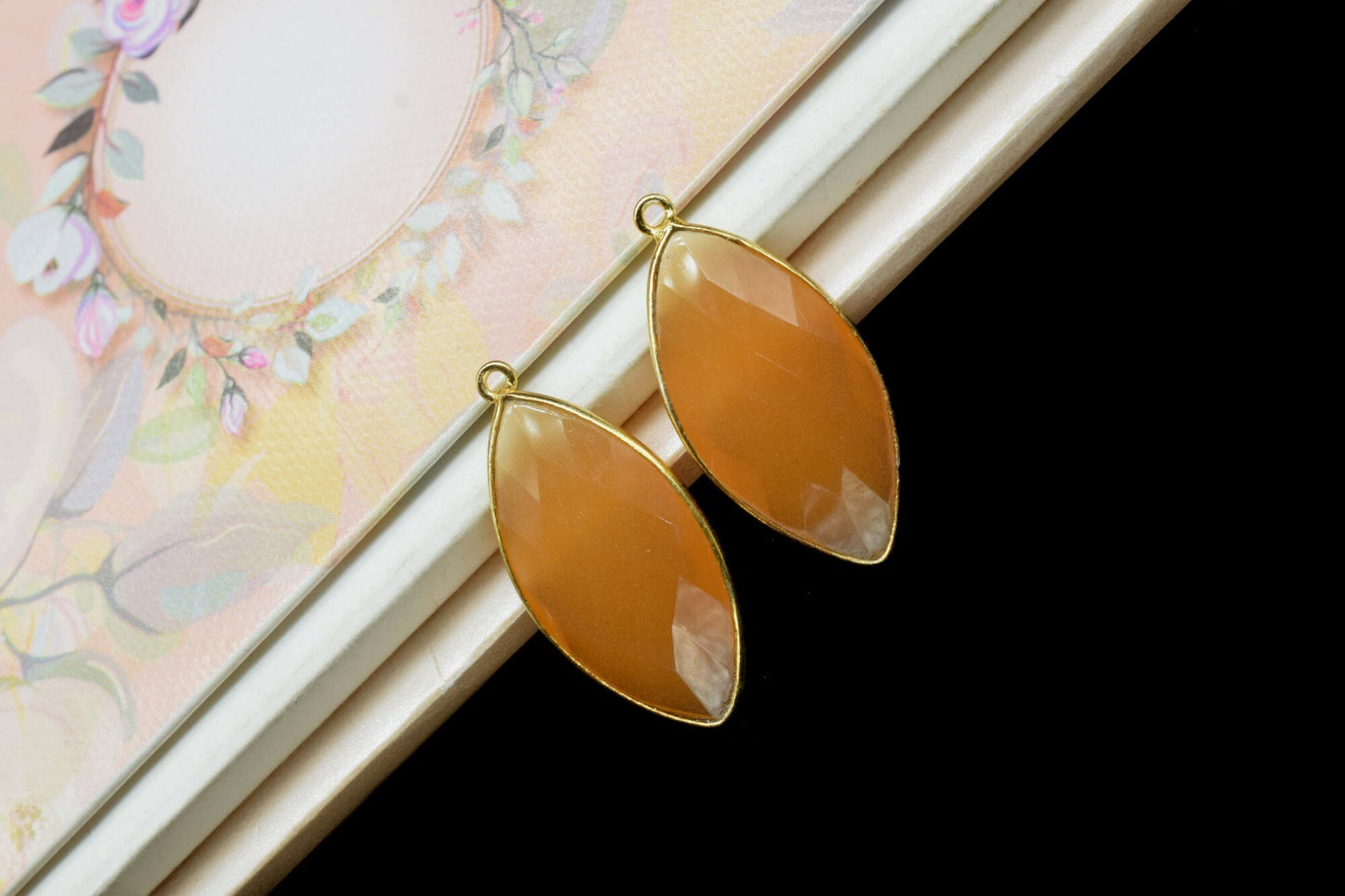 Peach Moonstone 15x30mm marquise shape single bail Connector,single bail Connector,Bezel links Connector,jewelry making Connector,Moonstone