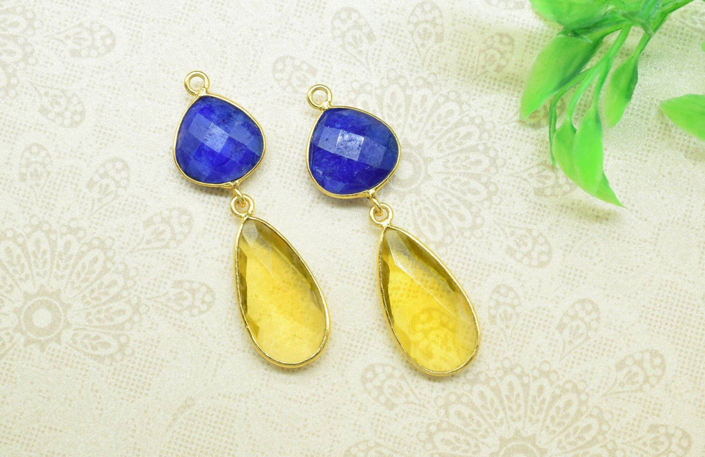 Multi Stone Dangle Component Earring,Handmade Connector,Blue Sapphire Pendant Charms,Gemstone Jewelry,Station Bezel Link,Pendant Connector