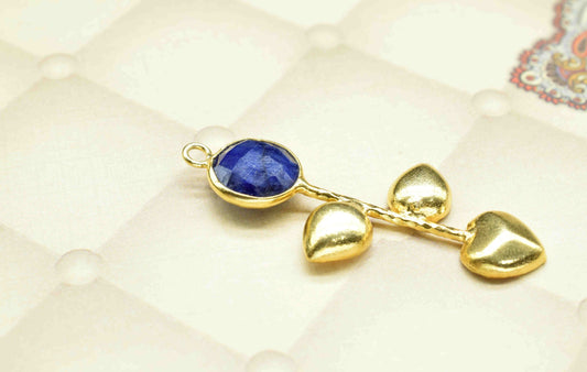Sapphire Round Shape Pendant , Sapphire Single Bail Charms , Genuine Gemstone Charms , Gold Plated Gemstone Connectors , Summer Collection