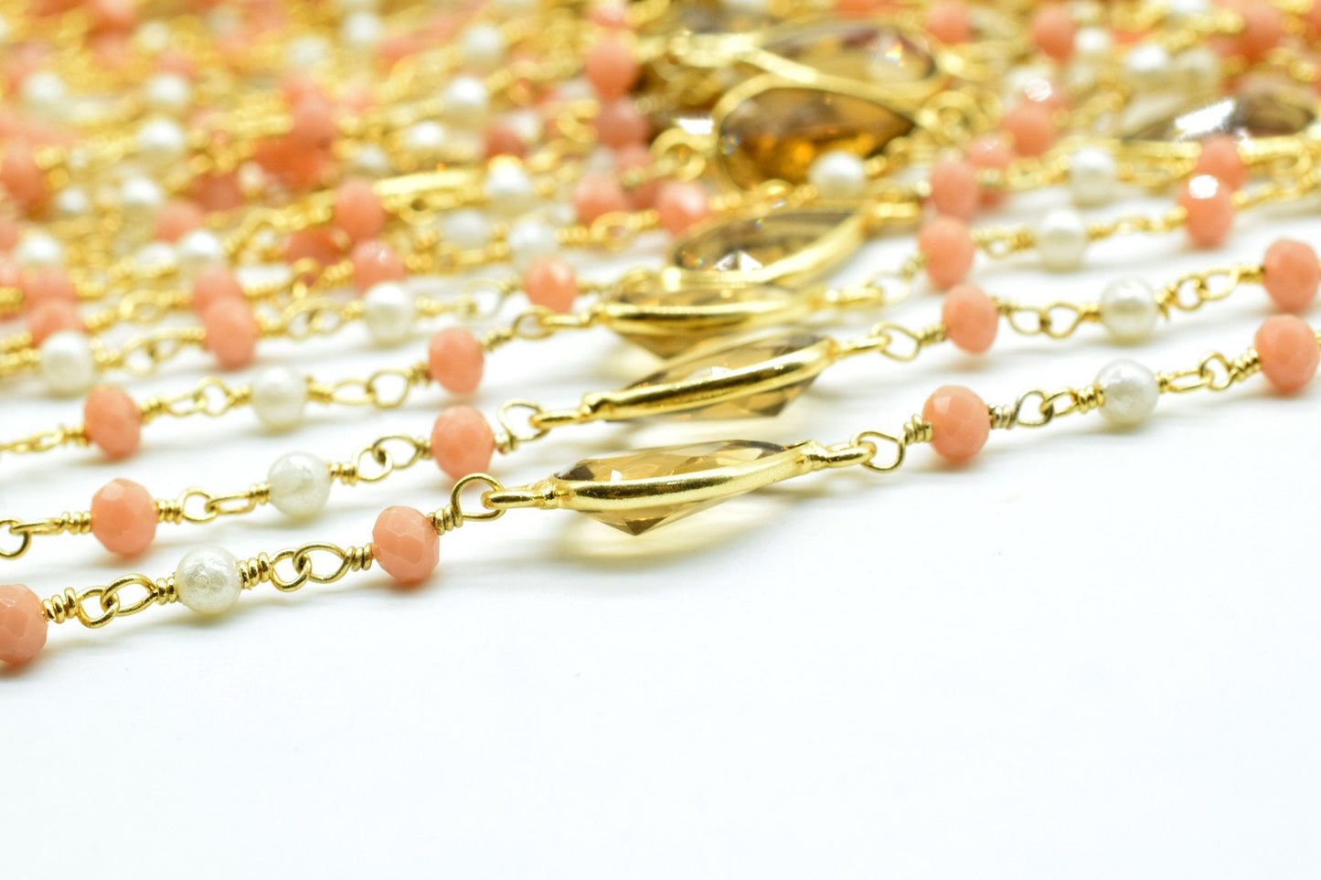 Bear Quartz Connector Chain,Multi Stone Rosary,Pearl Rosary Chain,Bezel Chain,Peach Moonstone Rosary,Wire Wrapped Rosary Chain,Bezel Links
