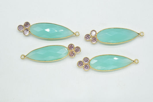Aqua Chalcedony 10x30mm Pear shape Bezel charms,Aqua Chalcedony Pendant,Aqua Gemstone connector,Aqua Jewelry,Cubic zirconia Bezel charm,P121